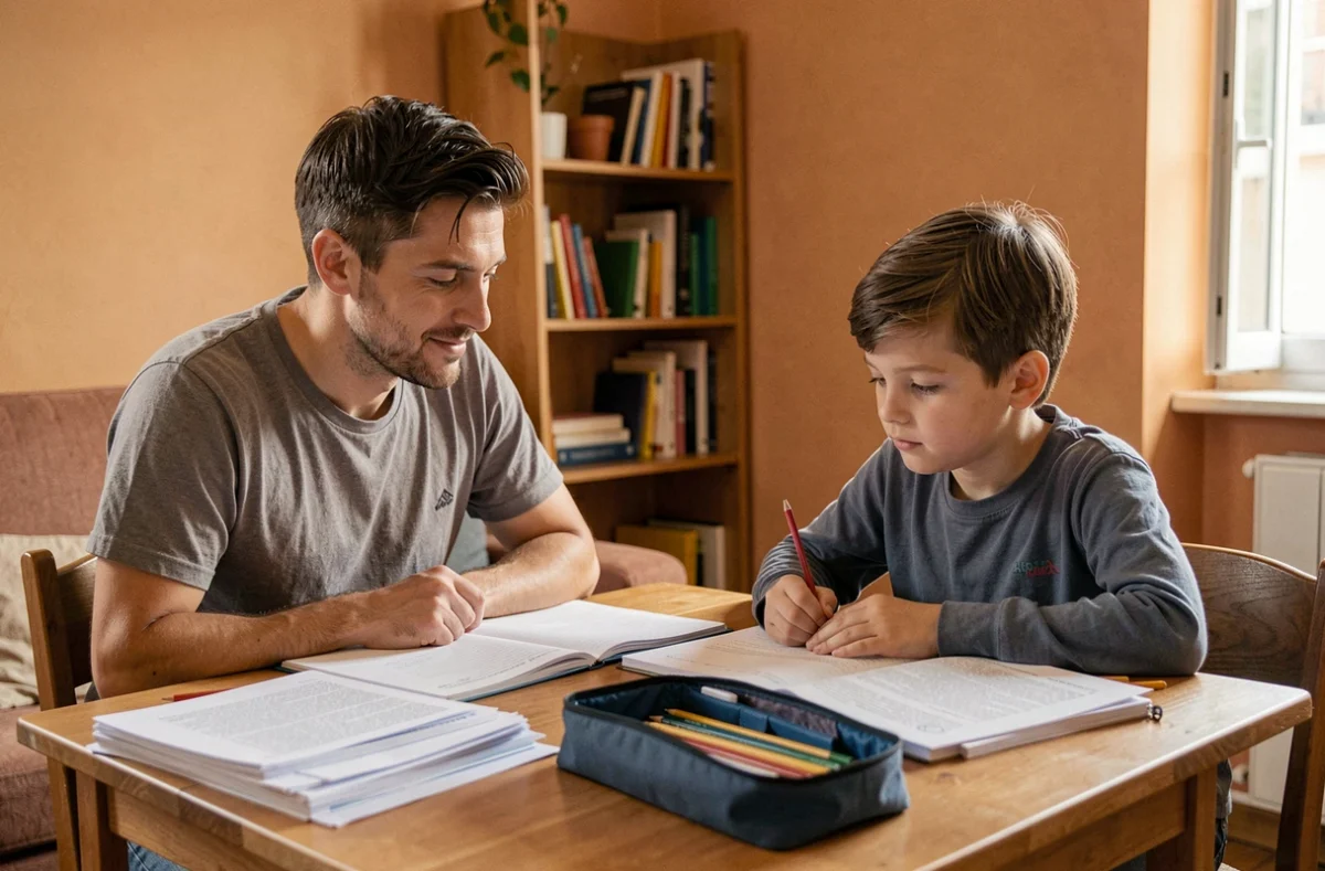 Tuteur à domicile de Solution Cours aidant un jeune élève avec ses devoirs dans un appartement de Marseille