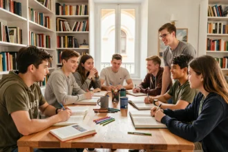 Groupe d'élèves et un tuteur autour d'une table de travail avec des manuels scolaires dans une salle d'étude moderne à Marseille