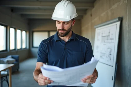 Stagiaire en formation BTP étudiant des plans d'architecture dans un centre de formation professionnel moderne