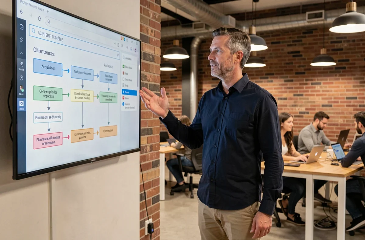 Formateur présentant une stratégie d'emailing automatisé pour vendre des formations en ligne dans un espace de coworking