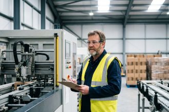 Superviseur d'usine en tenue de sécurité contrôlant une machine