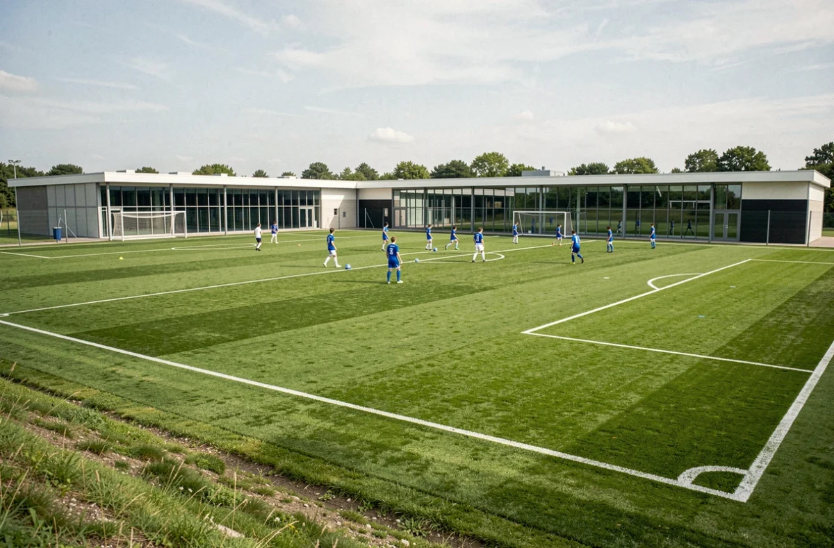 Vue panoramique des terrains d'entraînement du centre de formation de l'OM avec des jeunes joueurs en séance